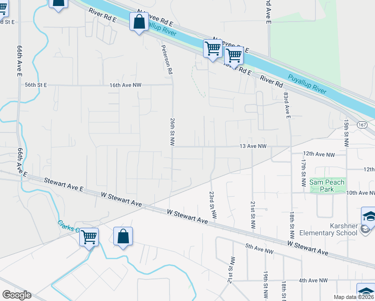 map of restaurants, bars, coffee shops, grocery stores, and more near 2509 12th Avenue Northwest in Puyallup