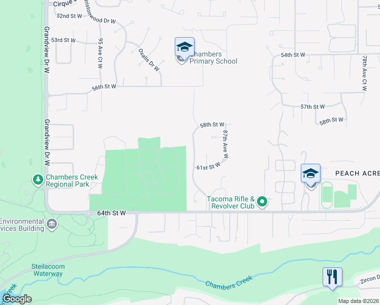 map of restaurants, bars, coffee shops, grocery stores, and more near 6002 Woodlake Drive West in Tacoma