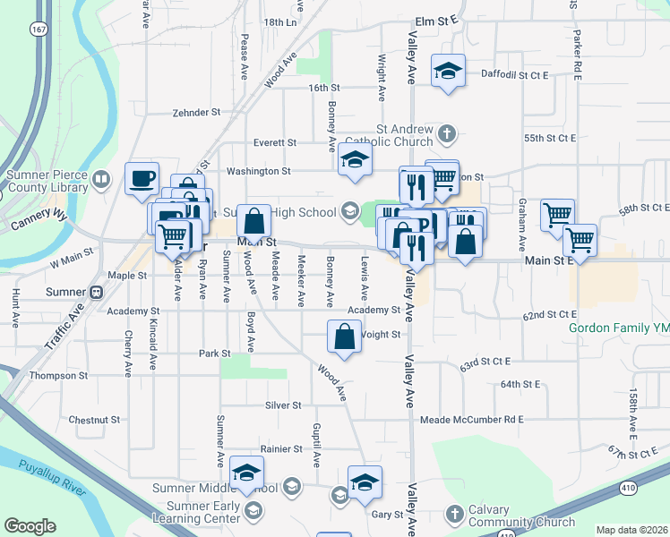 map of restaurants, bars, coffee shops, grocery stores, and more near 1620 Maple Street in Sumner