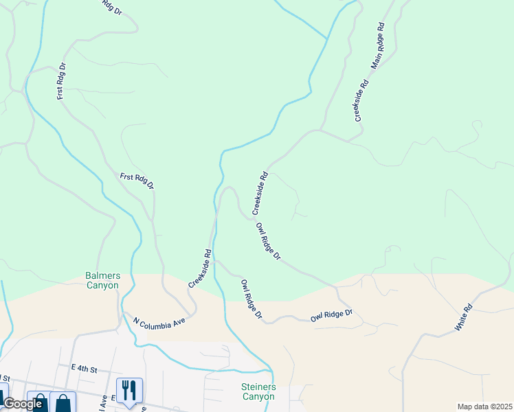 map of restaurants, bars, coffee shops, grocery stores, and more near Creekside Road in Cle Elum