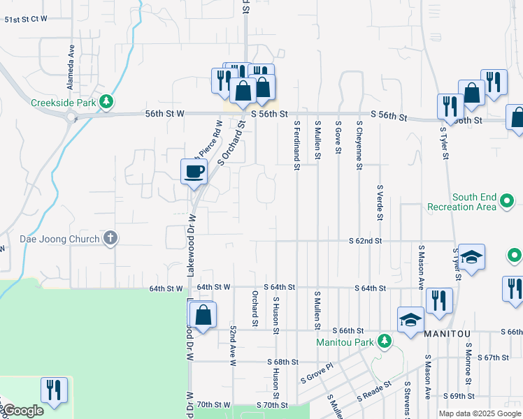 map of restaurants, bars, coffee shops, grocery stores, and more near 6014 South Orchard Street in Tacoma