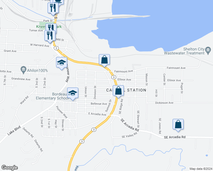 map of restaurants, bars, coffee shops, grocery stores, and more near 651 East Dearborn Avenue in Shelton