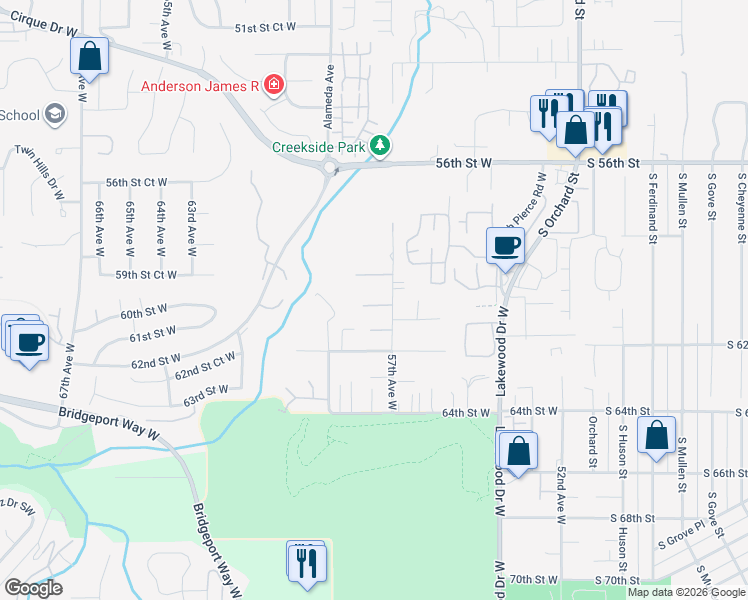 map of restaurants, bars, coffee shops, grocery stores, and more near 5714 60th Street Court West in University Place