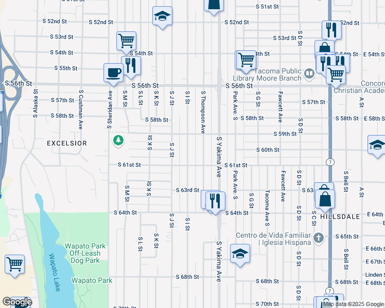 map of restaurants, bars, coffee shops, grocery stores, and more near 5946 South Thompson Avenue in Tacoma