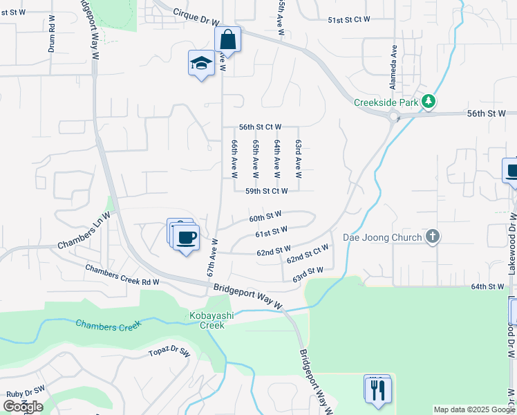 map of restaurants, bars, coffee shops, grocery stores, and more near 6501 60th Street West in University Place