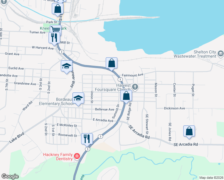 map of restaurants, bars, coffee shops, grocery stores, and more near 651 East Dearborn Avenue in Shelton