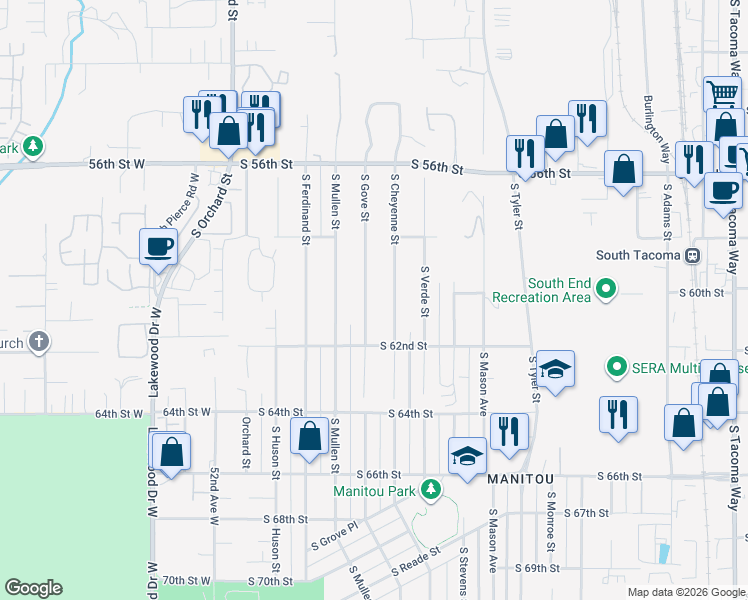 map of restaurants, bars, coffee shops, grocery stores, and more near 6019 South Gove Street in Tacoma