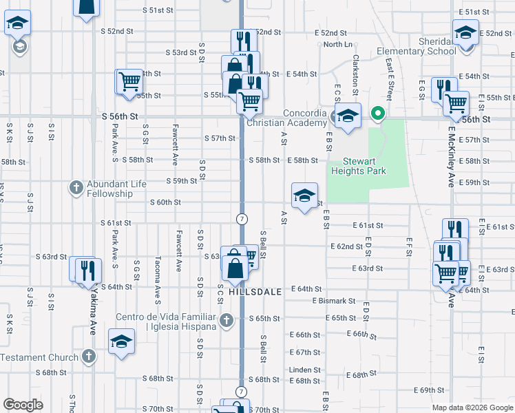 map of restaurants, bars, coffee shops, grocery stores, and more near 6020 South Bell Street in Tacoma