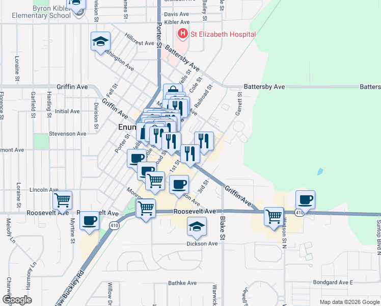 map of restaurants, bars, coffee shops, grocery stores, and more near 1st Street in Enumclaw