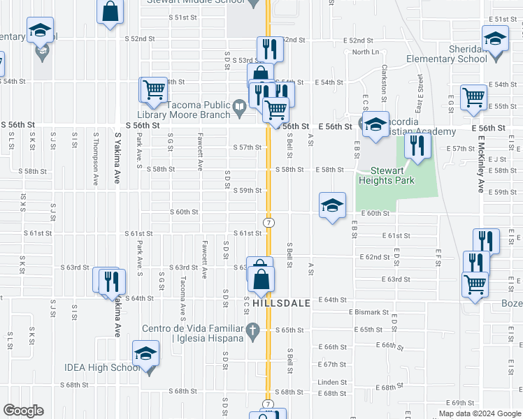 map of restaurants, bars, coffee shops, grocery stores, and more near 5902 Pacific Avenue in Tacoma