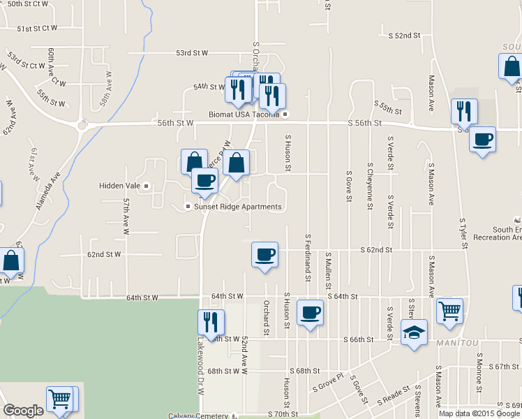 map of restaurants, bars, coffee shops, grocery stores, and more near 5034 South 58th Street in Tacoma