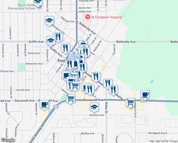map of restaurants, bars, coffee shops, grocery stores, and more near 1st Street in Enumclaw