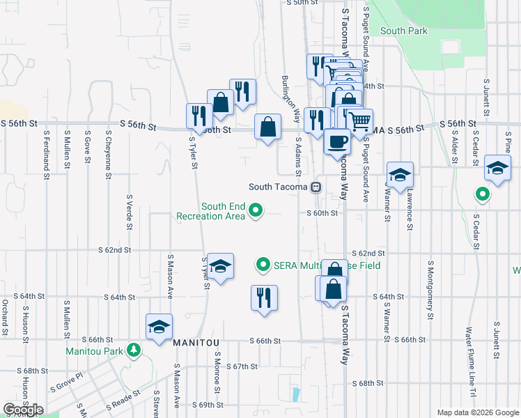 map of restaurants, bars, coffee shops, grocery stores, and more near 6002 South Adams Street in Tacoma
