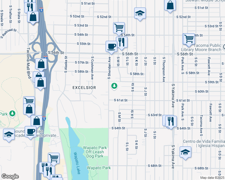 map of restaurants, bars, coffee shops, grocery stores, and more near 1134 South 60th Street in Tacoma