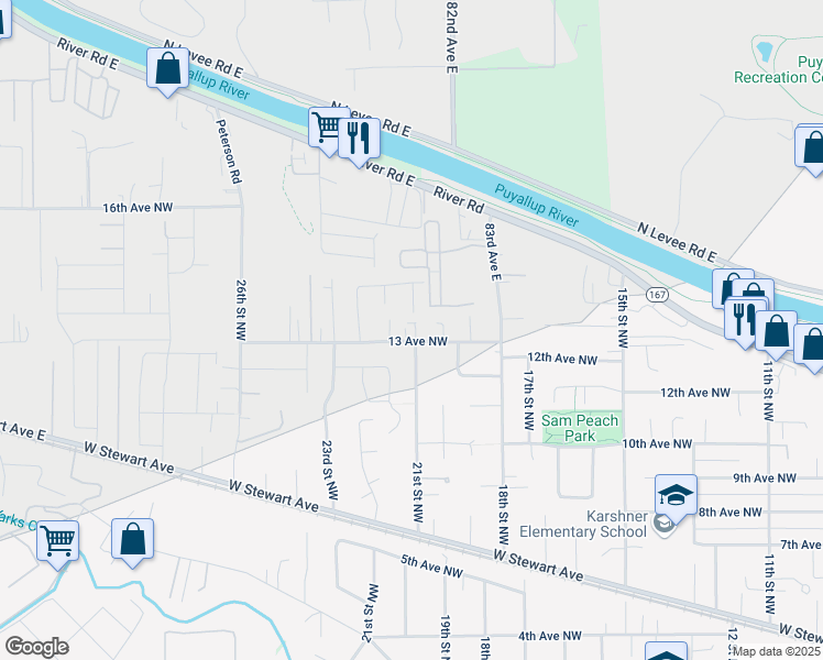 map of restaurants, bars, coffee shops, grocery stores, and more near 1327 21st Street Northwest in Puyallup