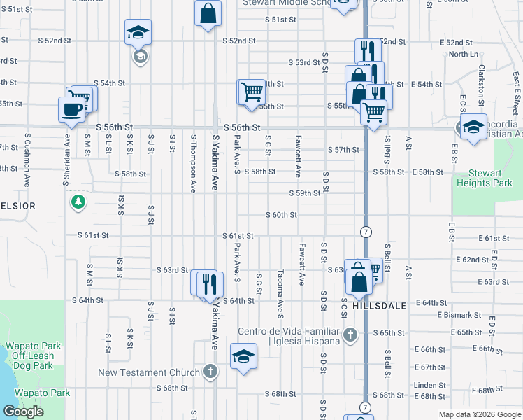 map of restaurants, bars, coffee shops, grocery stores, and more near 712 South 59th Street in Tacoma