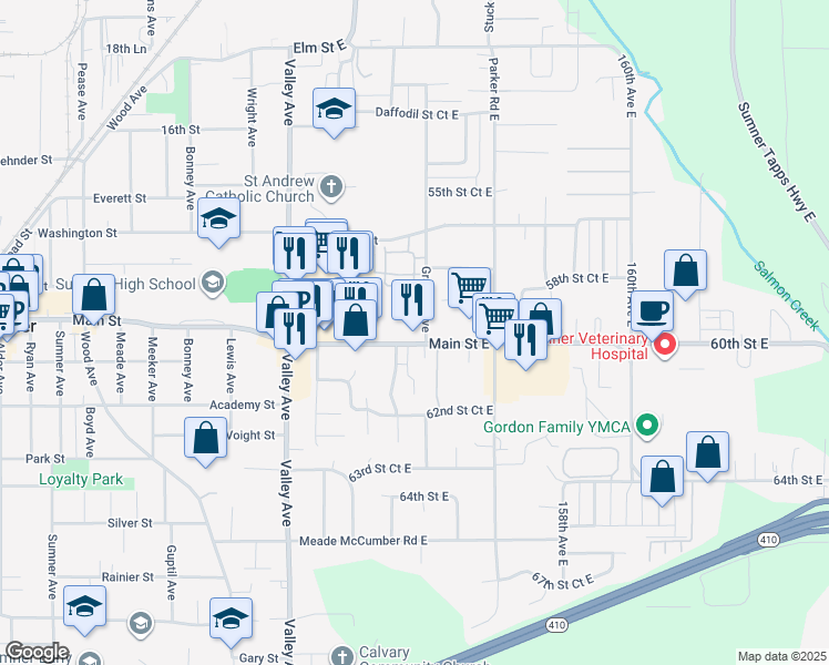 map of restaurants, bars, coffee shops, grocery stores, and more near 15367 Main Street East in Sumner