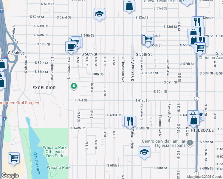 map of restaurants, bars, coffee shops, grocery stores, and more near 5902 South I Street in Tacoma