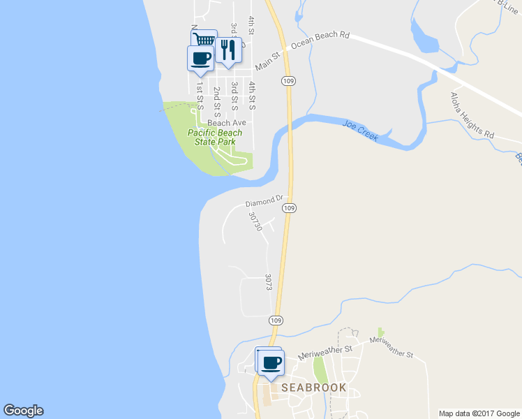 map of restaurants, bars, coffee shops, grocery stores, and more near 16 Diamond Drive in Pacific Beach