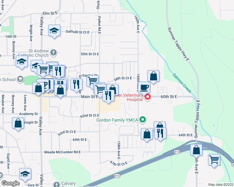 map of restaurants, bars, coffee shops, grocery stores, and more near 15721 Main Street East in Sumner