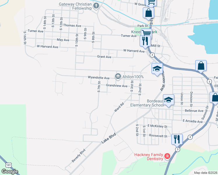 map of restaurants, bars, coffee shops, grocery stores, and more near 512 Grandview Avenue in Shelton