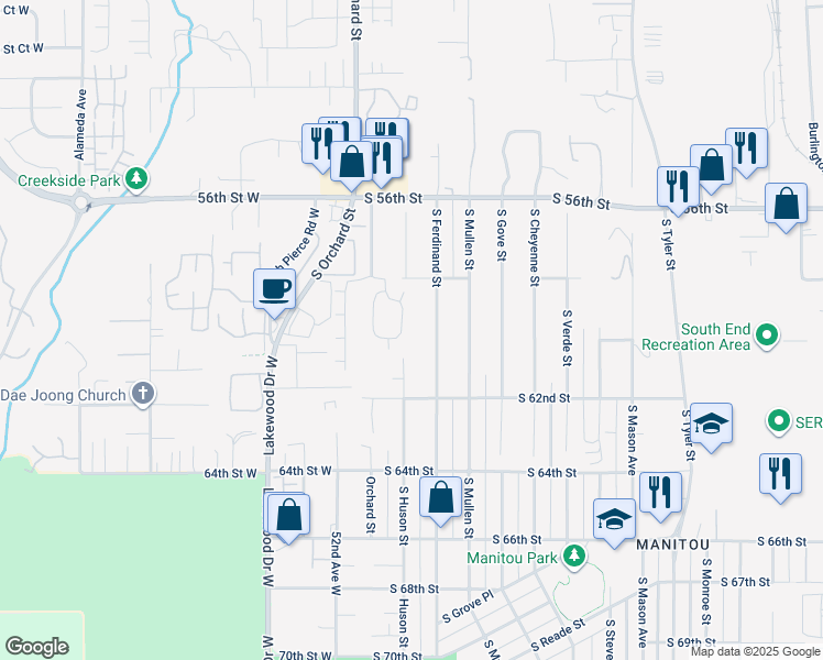 map of restaurants, bars, coffee shops, grocery stores, and more near 5006 South 58th Street in Tacoma