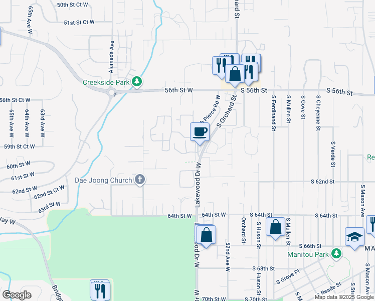 map of restaurants, bars, coffee shops, grocery stores, and more near 5924 Hannah Pierce Road West in University Place