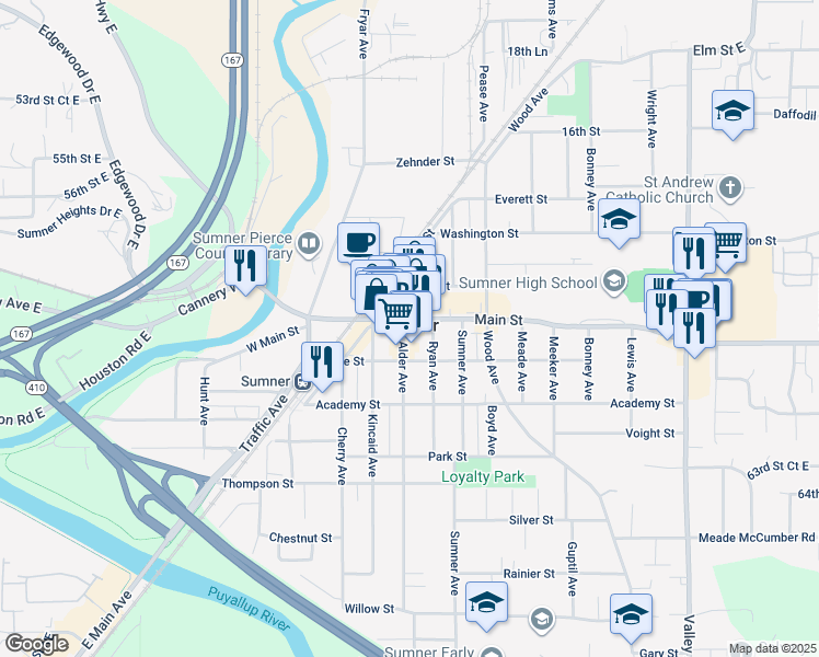 map of restaurants, bars, coffee shops, grocery stores, and more near in Sumner