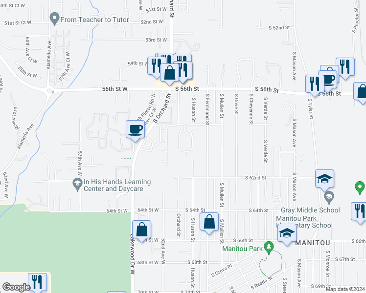 map of restaurants, bars, coffee shops, grocery stores, and more near 5028 South 58th Street in Tacoma