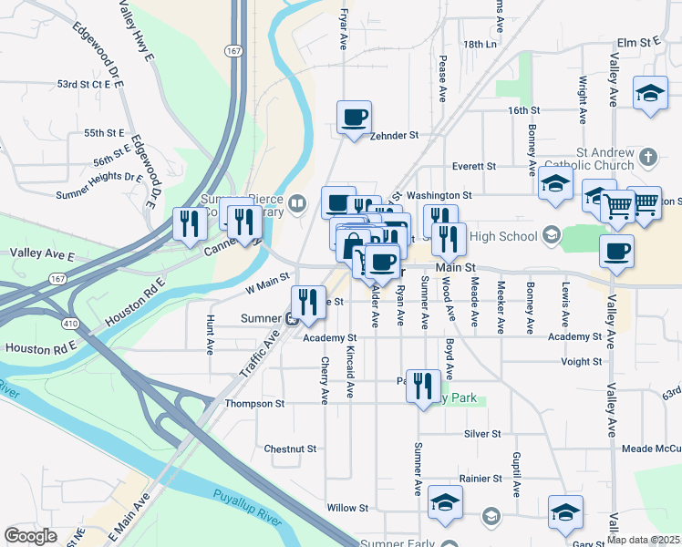 map of restaurants, bars, coffee shops, grocery stores, and more near 823 Main Street in Sumner