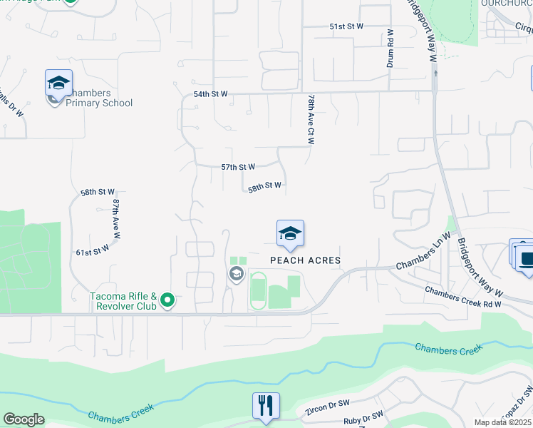 map of restaurants, bars, coffee shops, grocery stores, and more near 5810 80th Avenue Court West in Tacoma