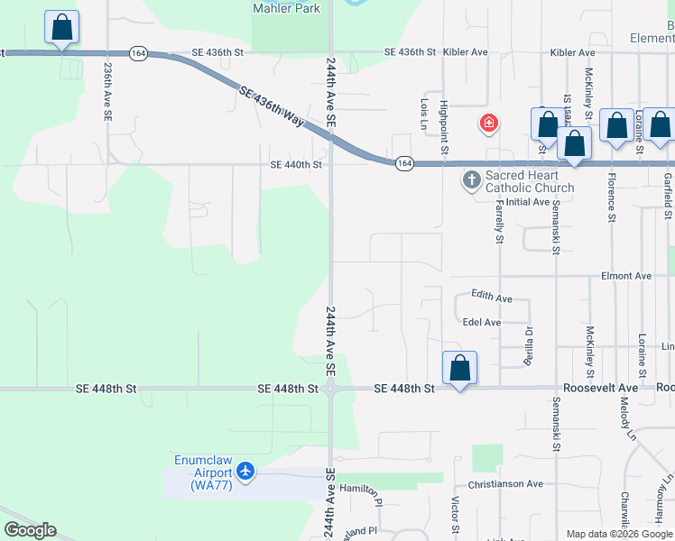 map of restaurants, bars, coffee shops, grocery stores, and more near 3556 Elmont Avenue in Enumclaw