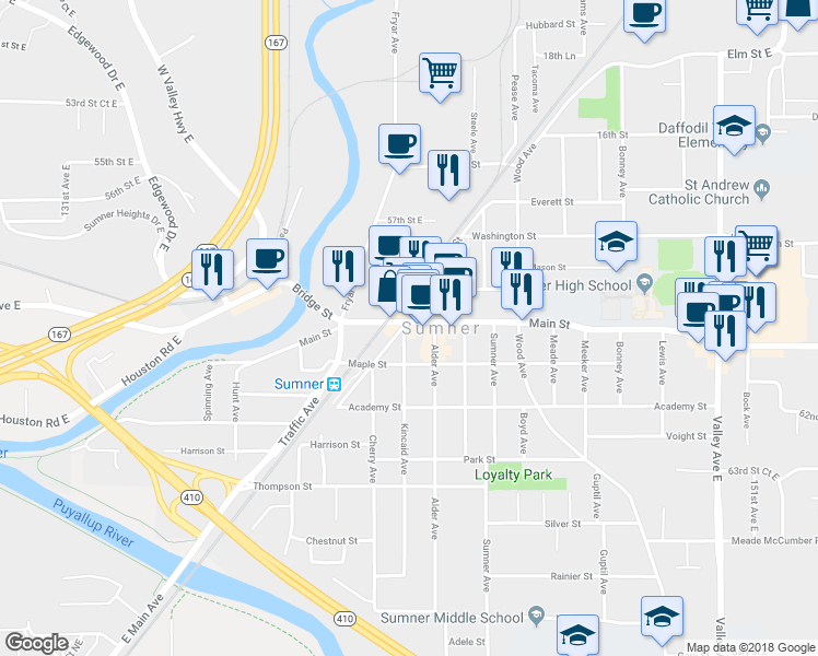 map of restaurants, bars, coffee shops, grocery stores, and more near in Sumner