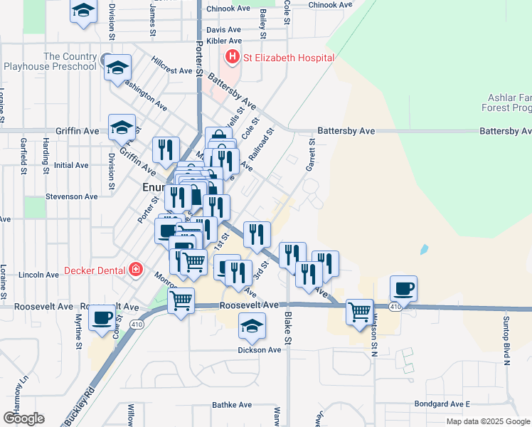 map of restaurants, bars, coffee shops, grocery stores, and more near 1724 Garrett St in Enumclaw