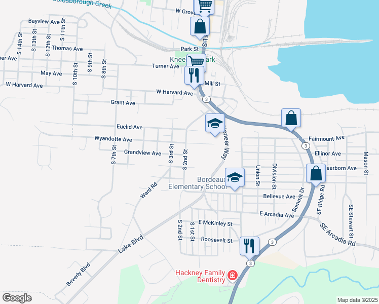 map of restaurants, bars, coffee shops, grocery stores, and more near 1306 South 2nd Street in Shelton