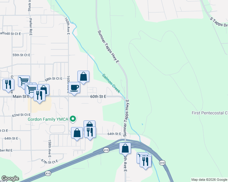 map of restaurants, bars, coffee shops, grocery stores, and more near 5913 164th Avenue Court East in Sumner