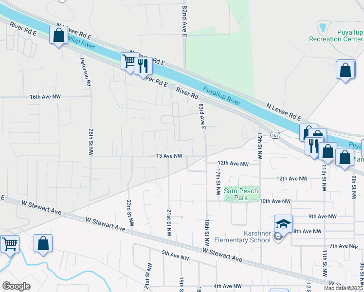 map of restaurants, bars, coffee shops, grocery stores, and more near 2003 13th Avenue Northwest in Puyallup