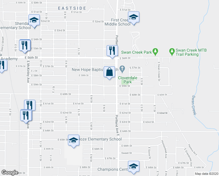 map of restaurants, bars, coffee shops, grocery stores, and more near 1414 East 59th Street in Tacoma