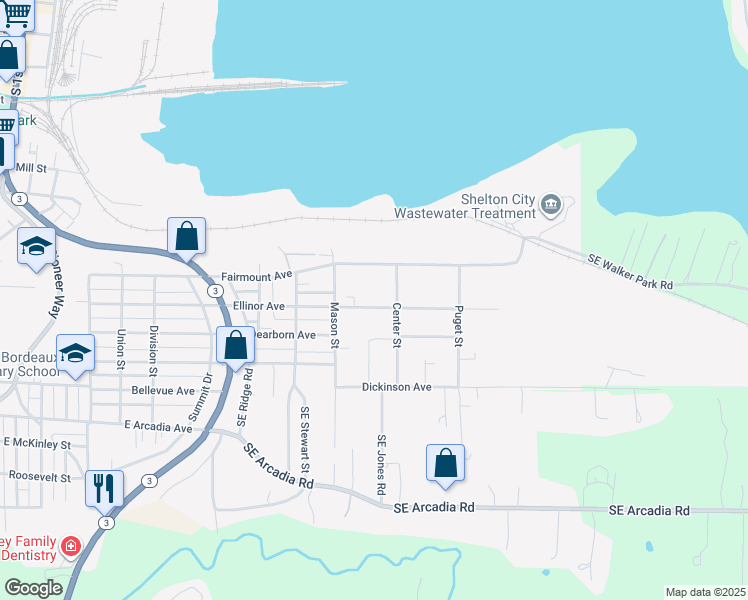 map of restaurants, bars, coffee shops, grocery stores, and more near 1212 Ellinor Avenue in Shelton