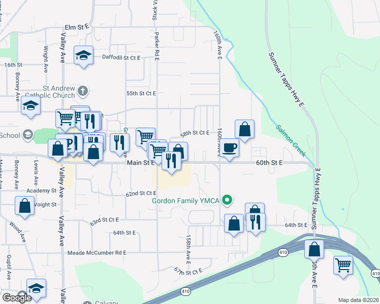map of restaurants, bars, coffee shops, grocery stores, and more near 5906 158th Avenue Court East in Sumner