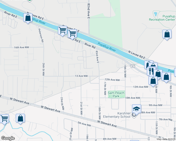 map of restaurants, bars, coffee shops, grocery stores, and more near 2003 13th Avenue Northwest in Puyallup