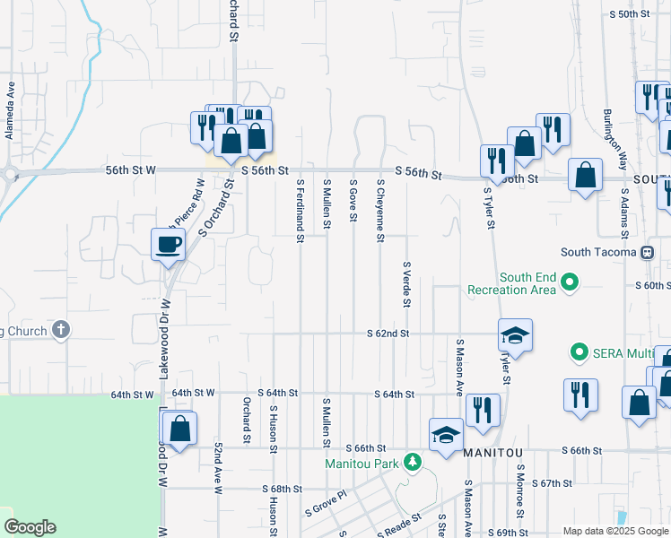 map of restaurants, bars, coffee shops, grocery stores, and more near 5819 South Mullen Street in Tacoma