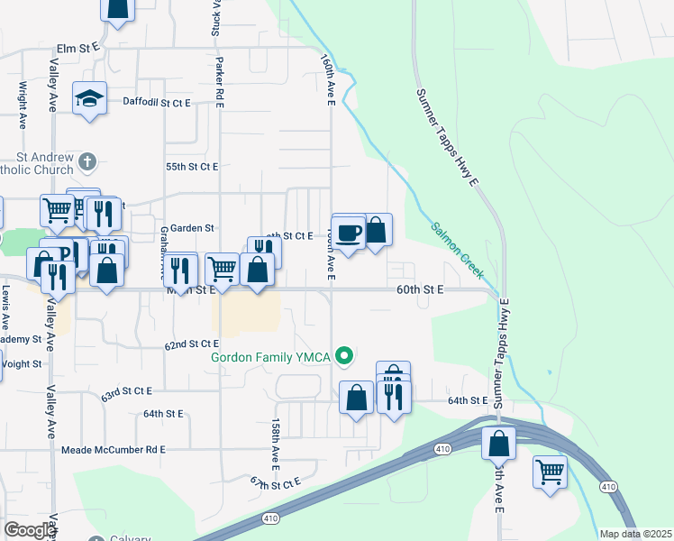 map of restaurants, bars, coffee shops, grocery stores, and more near 16009 60th Street East in Sumner