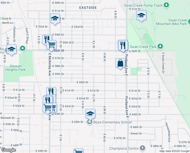 map of restaurants, bars, coffee shops, grocery stores, and more near 1202 East 59th Street in Tacoma