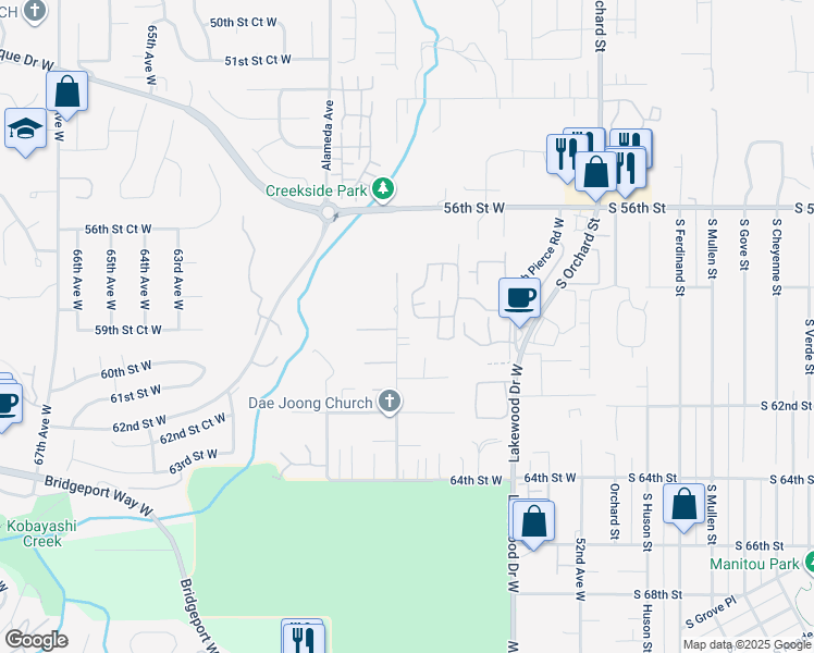 map of restaurants, bars, coffee shops, grocery stores, and more near 5913 57th Avenue West in Tacoma