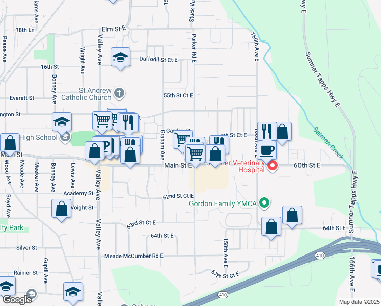 map of restaurants, bars, coffee shops, grocery stores, and more near 5908 Parker Road East in Sumner