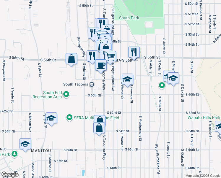 map of restaurants, bars, coffee shops, grocery stores, and more near 5824 South Puget Sound Avenue in Tacoma