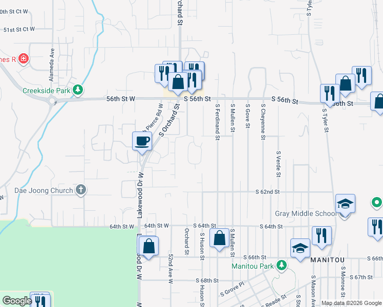 map of restaurants, bars, coffee shops, grocery stores, and more near 5034 South 58th Street in Tacoma