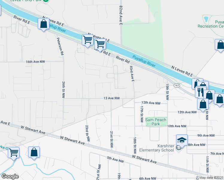 map of restaurants, bars, coffee shops, grocery stores, and more near 1327 21st Street Northwest in Puyallup
