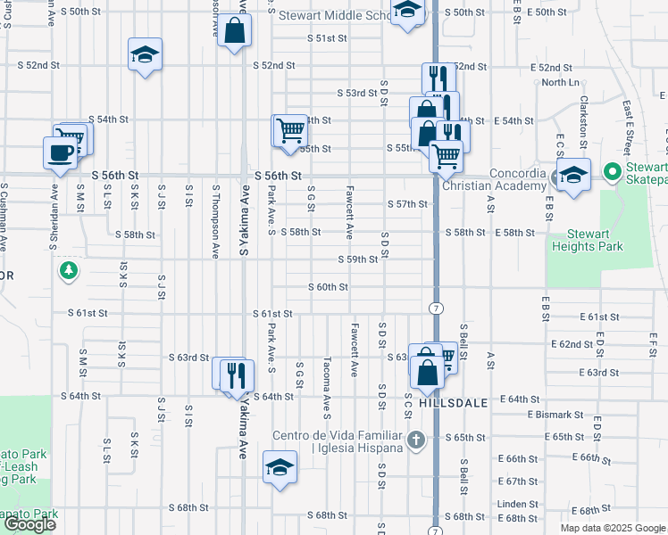 map of restaurants, bars, coffee shops, grocery stores, and more near 514 South 59th Street in Tacoma